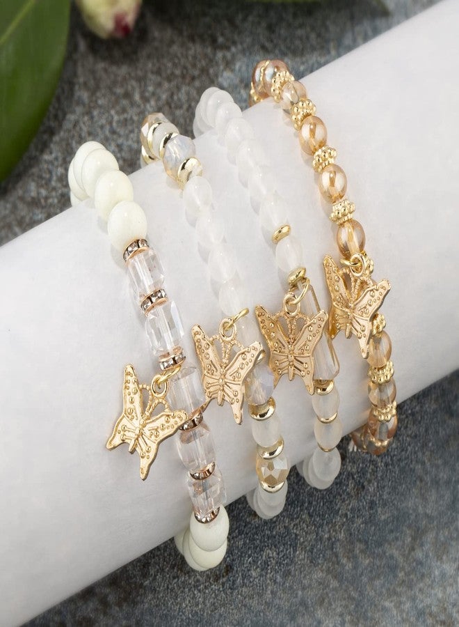 Pingyongchang Bohemian Bracelets for Women Boho Multi-Layer Gold Beaded Stackable Stretch Bracelet Set Handmade Multicolor Butterfly Elastic Colorful Charm Bracelets Jewelry-White - Image 4