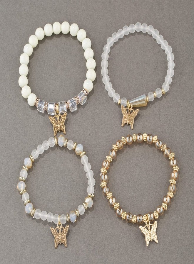 Pingyongchang Bohemian Bracelets for Women Boho Multi-Layer Gold Beaded Stackable Stretch Bracelet Set Handmade Multicolor Butterfly Elastic Colorful Charm Bracelets Jewelry-White - Image 5