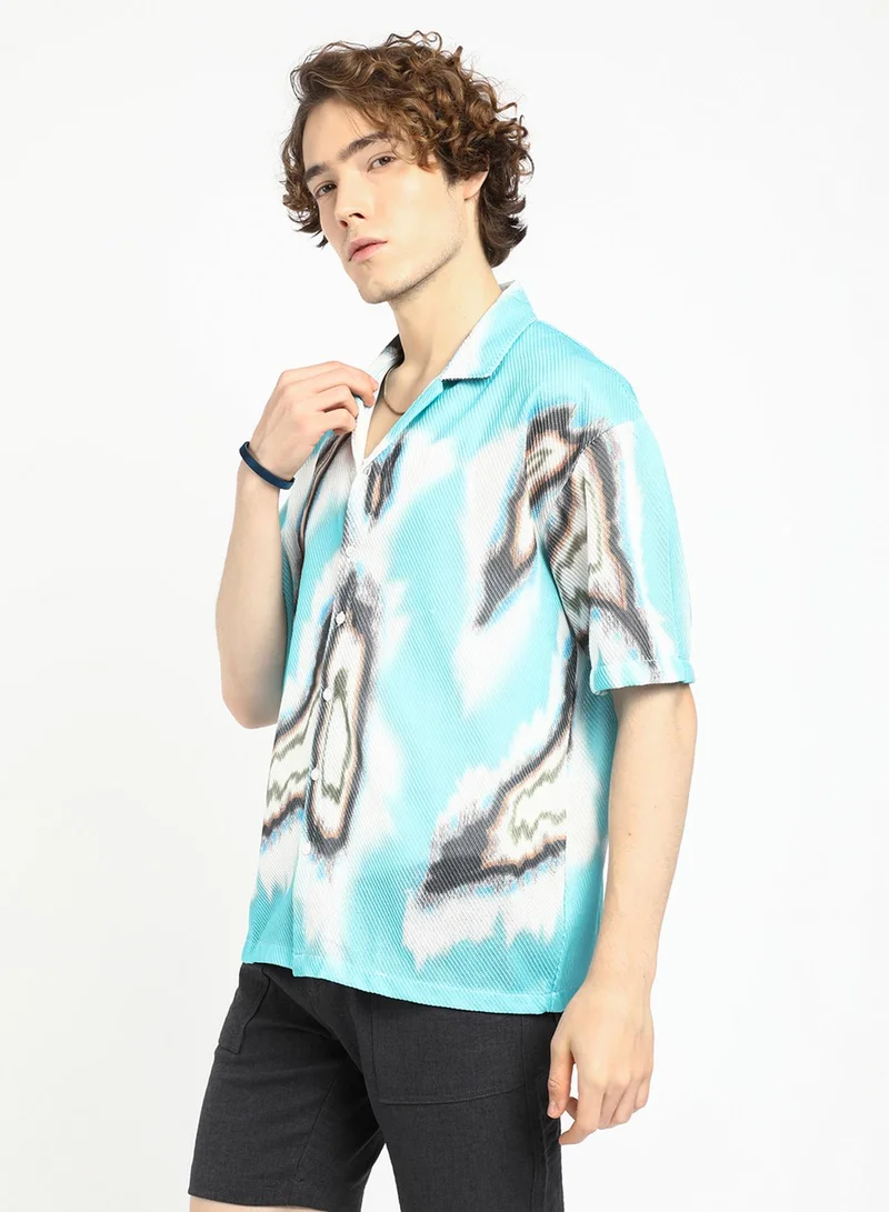 Campus Sutra Men's Sky Blue Topography Mesh Oversized Shirt