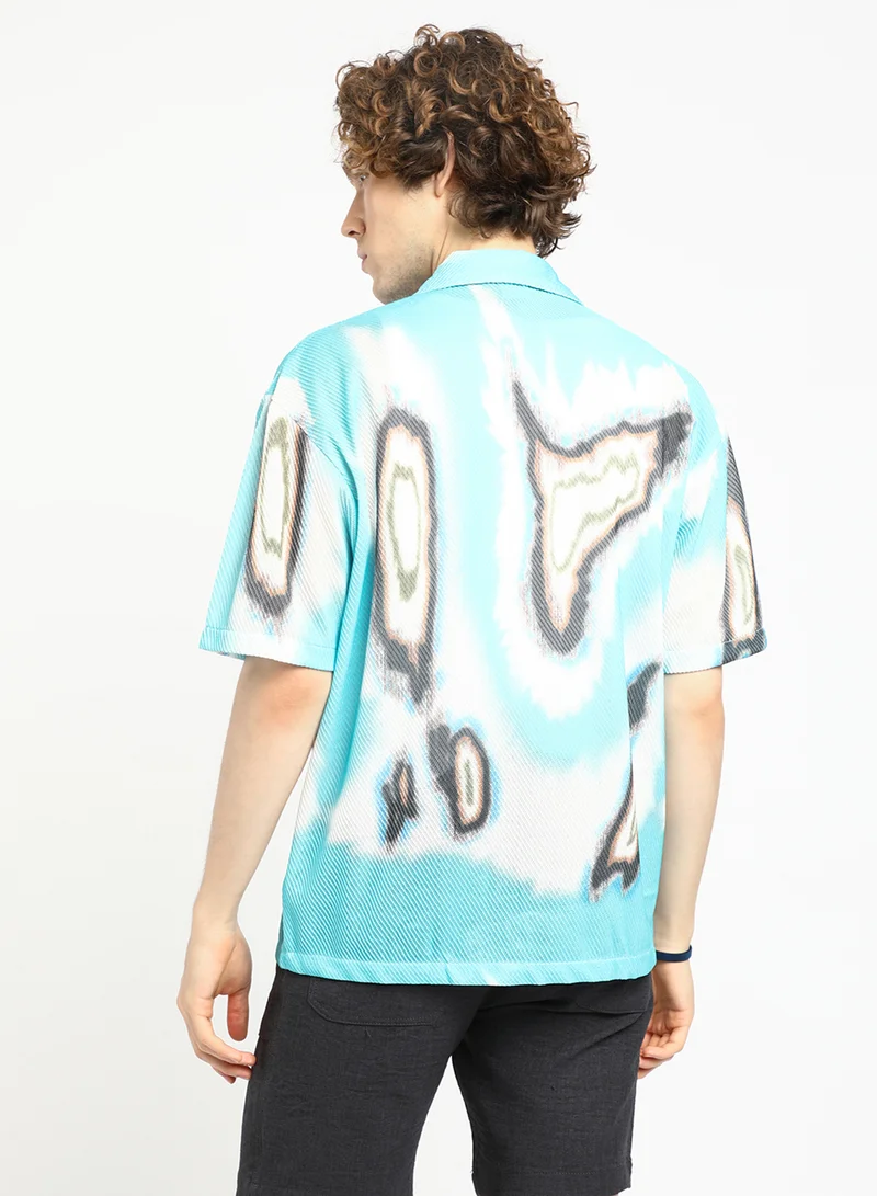 Campus Sutra Men's Sky Blue Topography Mesh Oversized Shirt