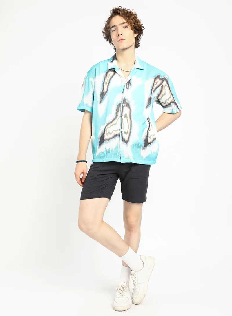 Campus Sutra Men's Sky Blue Topography Mesh Oversized Shirt