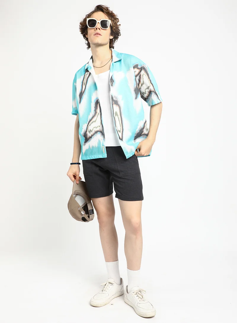 Campus Sutra Men's Sky Blue Topography Mesh Oversized Shirt