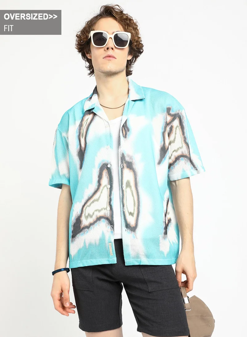 Campus Sutra Men's Sky Blue Topography Mesh Oversized Shirt