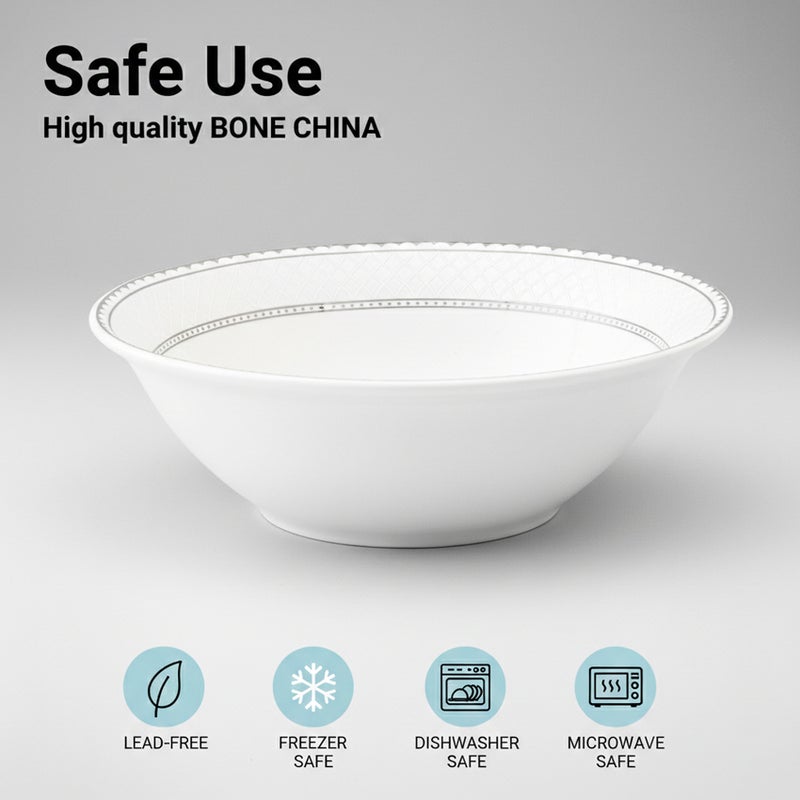 Shallow JUNA New Bone China Bowl 23 cm -  6 piece Set  Large White Serving Bowl with Subtle Texture for Salads & Sharing, Premium Tableware for Daily Use, Brunch, Ramadan, Eid, Diwali & Gifting (Set of 6) - Image 5
