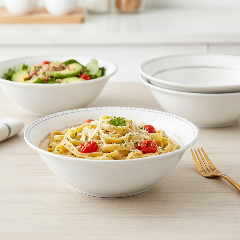 Shallow JUNA New Bone China Bowl 23 cm -  6 piece Set  Large White Serving Bowl with Subtle Texture for Salads & Sharing, Premium Tableware for Daily Use, Brunch, Ramadan, Eid, Diwali & Gifting (Set of 6) - Image 2