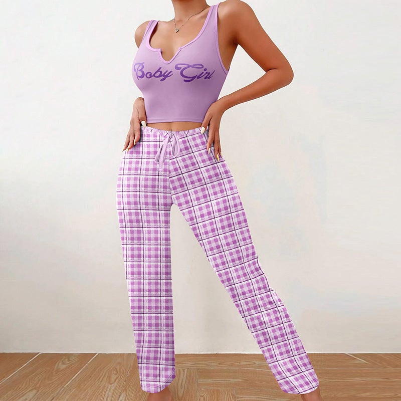 Baby Girl Sleeveless Top Letter Print Pajamas SetW0277 Vest Trousers-Purple W0277 Vest Trousers-Purple