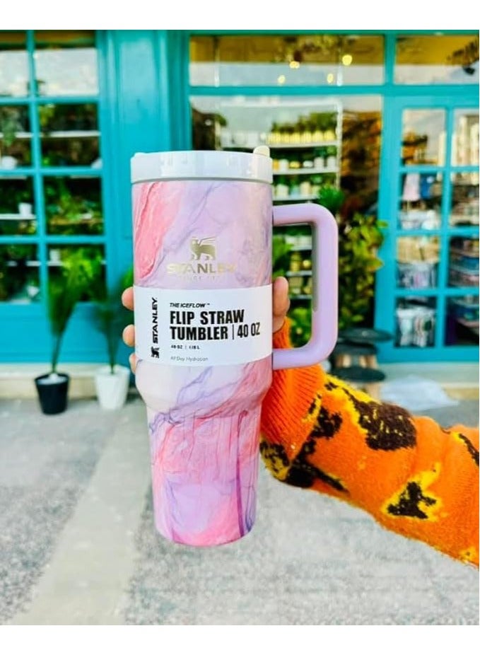 ستانلي كوب كوينشر H2.0 فلو ستيت معزول بتفريغ الهواء مصنوع من الفولاذ المقاوم للصدأ مع غطاء وشفاطة للمياه أو الشاي المثلج أو القهوة والسموذي وأكثر من ذلك من ستانلي، سعة 1.18 لتر (لون ماجنتا ماربل) - Image 2