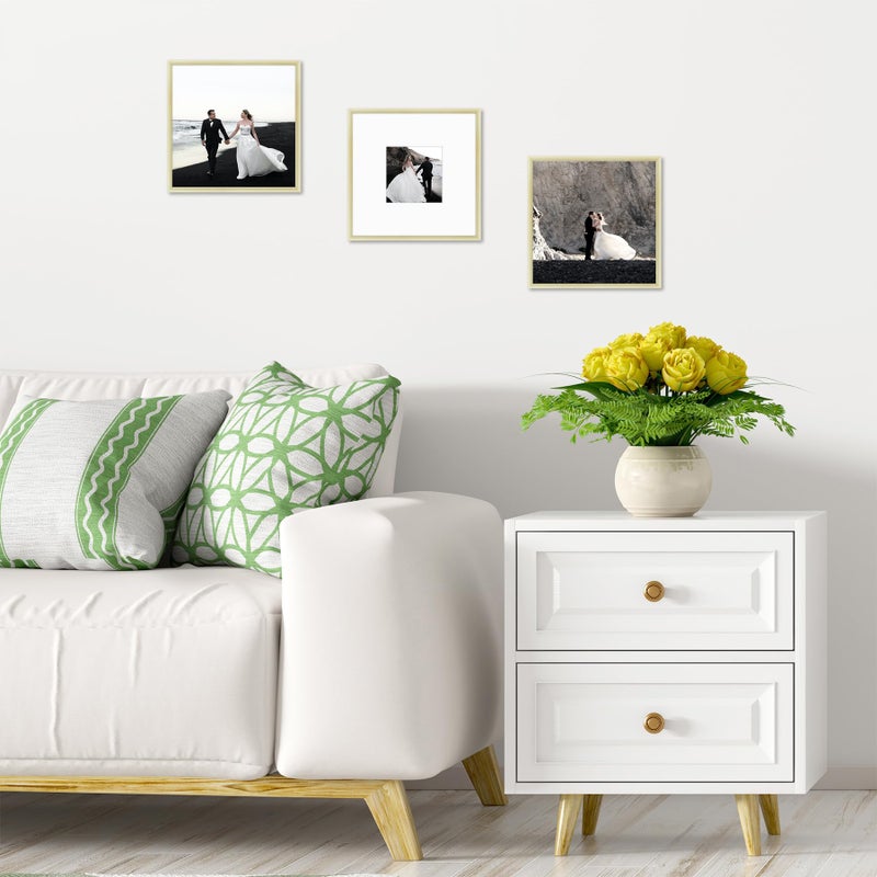 Frametory, 8x8 Gold Aluminum Picture Frame - Set of 1 - Ideal for Displaying 4x4 Photos with Mat or 8x8 Without Mat - Real Glass Front - Simple Gallery Wall Frames for Art Prints and Posters - Image 4