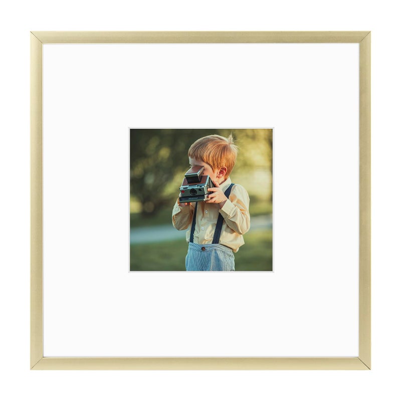 Frametory, 8x8 Gold Aluminum Picture Frame - Set of 1 - Ideal for Displaying 4x4 Photos with Mat or 8x8 Without Mat - Real Glass Front - Simple Gallery Wall Frames for Art Prints and Posters - Image 1