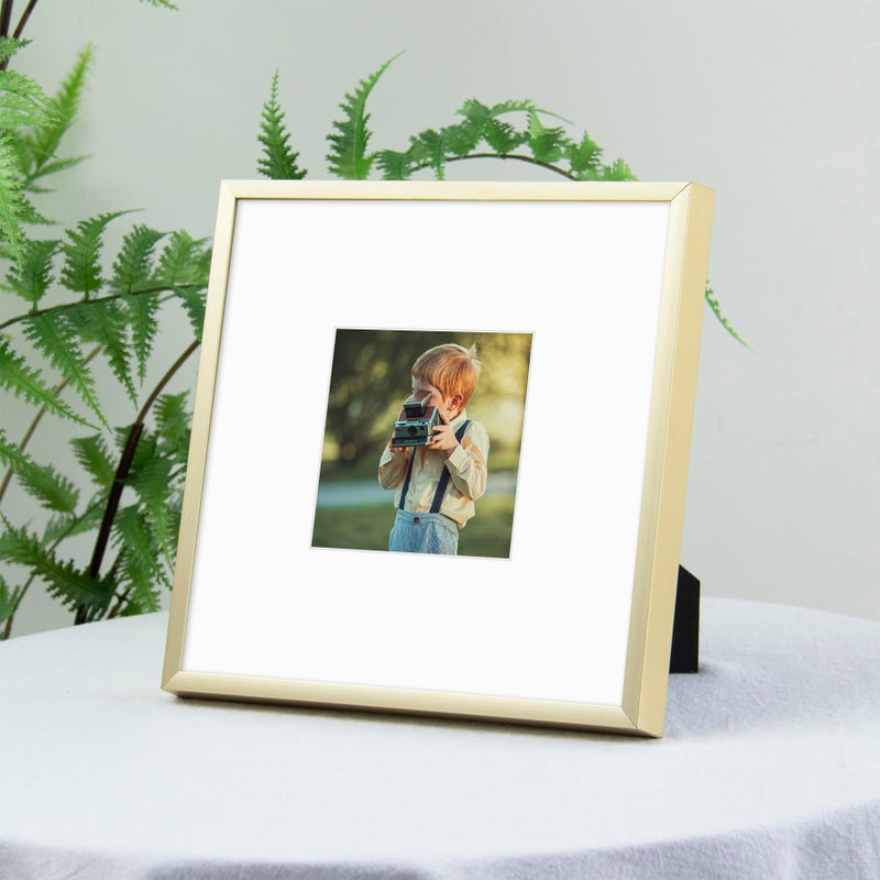 Frametory, 8x8 Gold Aluminum Picture Frame - Set of 1 - Ideal for Displaying 4x4 Photos with Mat or 8x8 Without Mat - Real Glass Front - Simple Gallery Wall Frames for Art Prints and Posters - Image 3