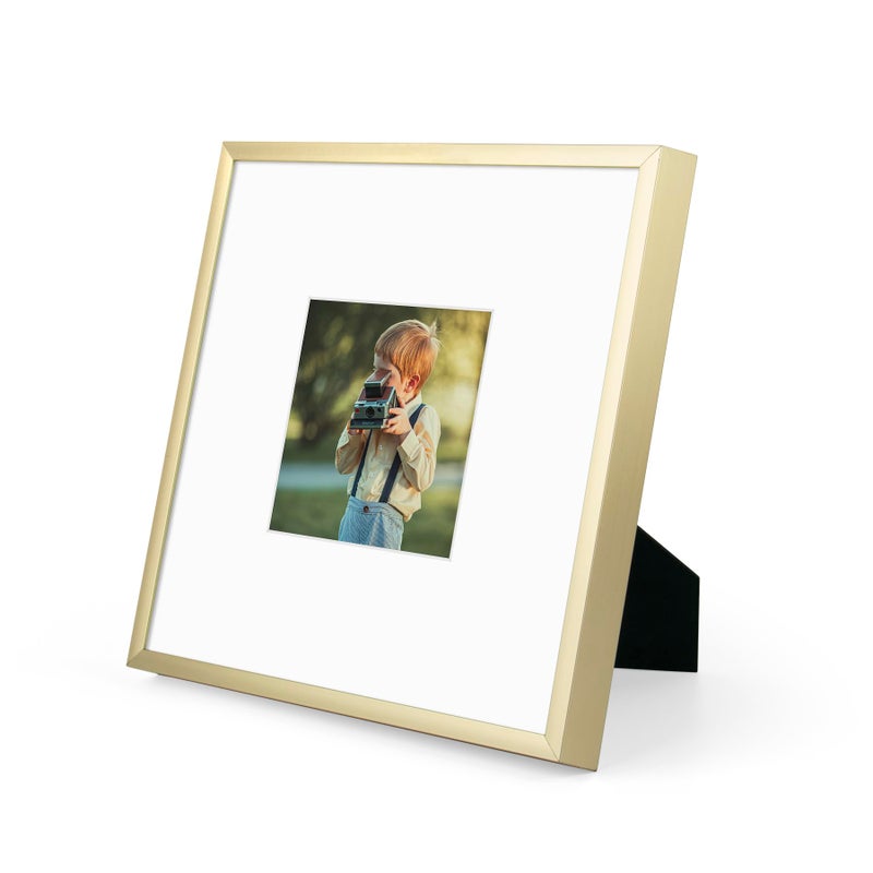 Frametory, 8x8 Gold Aluminum Picture Frame - Set of 1 - Ideal for Displaying 4x4 Photos with Mat or 8x8 Without Mat - Real Glass Front - Simple Gallery Wall Frames for Art Prints and Posters - Image 2