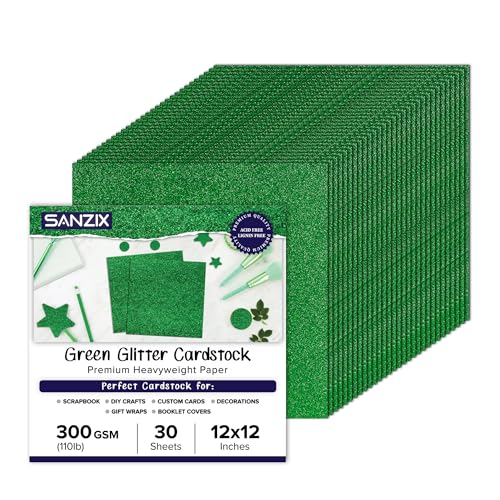 SANZIX 30 Sheets Green Glitter Cardstock Paper 12x12" 110lb 300 GSM Glitter Paper for Cricut, Christmas Cards, Scrapbook, DIY Crafts, Decor, and Custom Cards | Ideal for Gift Wraps & Booklet Covers - Image 1