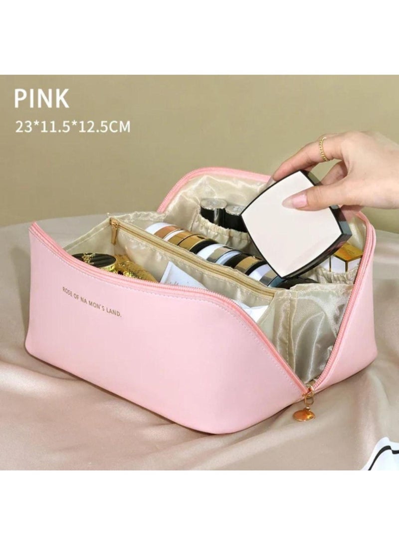 شنطة تنظيم مكياج أنيقة بلون وردي، مثالية لحفظ مستحضرات التجميل والإكسسوارات بشكل مرتب وآمن. - Image 1