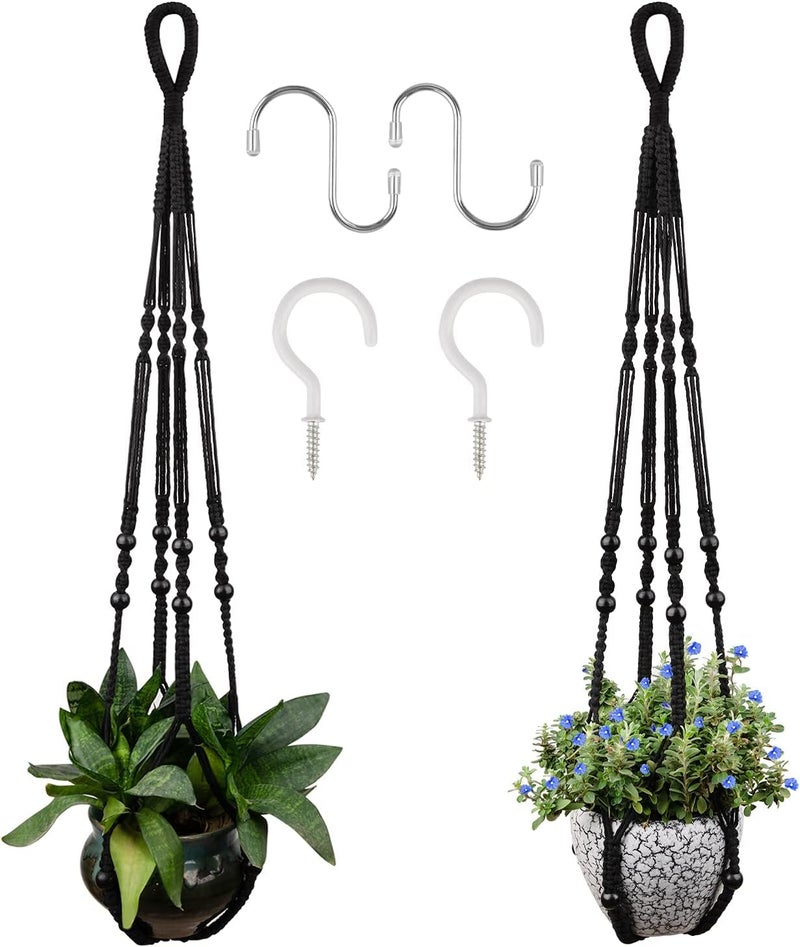 RIFNY Macrame Plant Hanger for 5 to 10 Inch Plant Pots, 35 Inch Woven Rope Hanger Kits with Hooks and Wood Beads, Hanging Planter Basket for Indoor Boho Home Decor (Black, 2 Pack) - Image 1