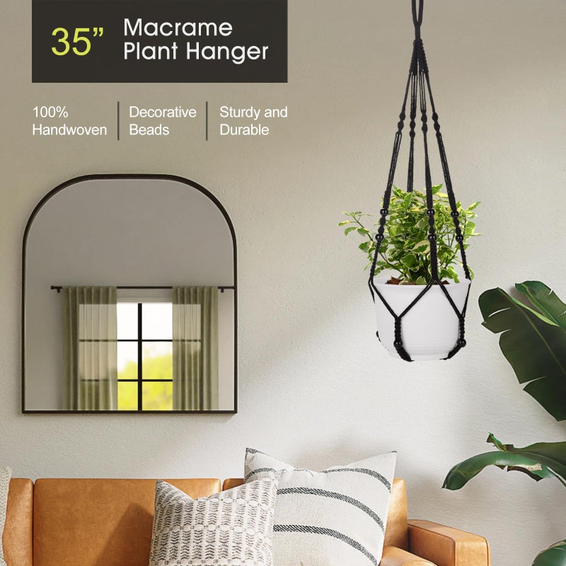 RIFNY Macrame Plant Hanger for 5 to 10 Inch Plant Pots, 35 Inch Woven Rope Hanger Kits with Hooks and Wood Beads, Hanging Planter Basket for Indoor Boho Home Decor (Black, 2 Pack) - Image 2