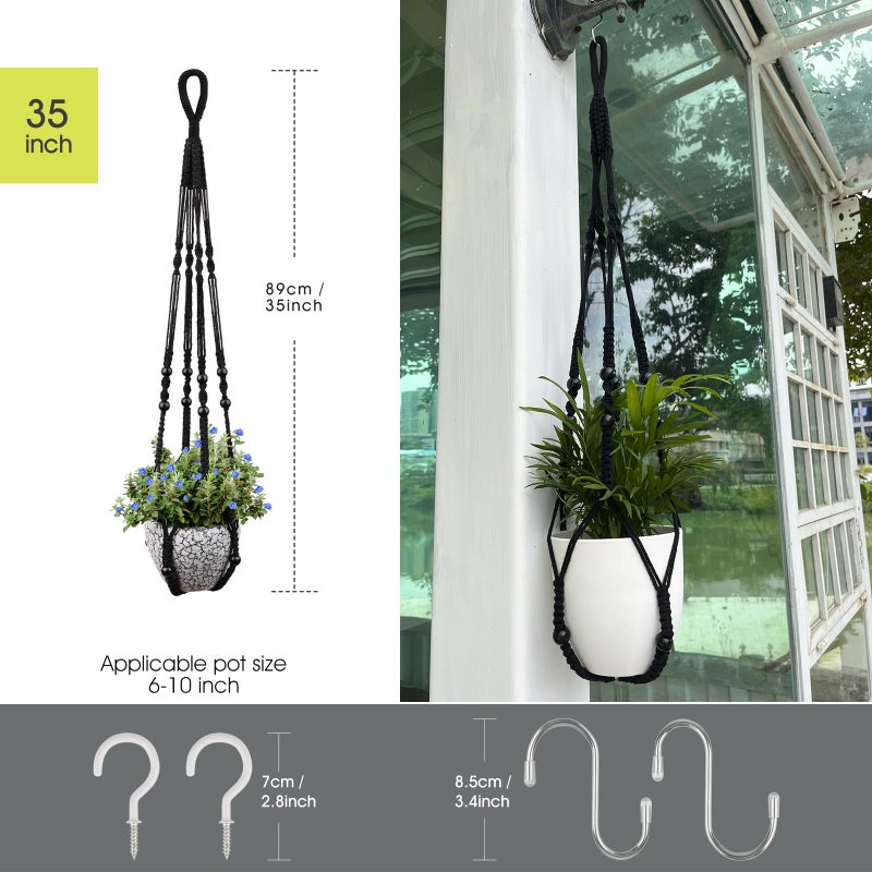 RIFNY Macrame Plant Hanger for 5 to 10 Inch Plant Pots, 35 Inch Woven Rope Hanger Kits with Hooks and Wood Beads, Hanging Planter Basket for Indoor Boho Home Decor (Black, 2 Pack) - Image 3