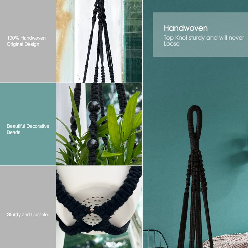 RIFNY Macrame Plant Hanger for 5 to 10 Inch Plant Pots, 35 Inch Woven Rope Hanger Kits with Hooks and Wood Beads, Hanging Planter Basket for Indoor Boho Home Decor (Black, 2 Pack) - Image 4