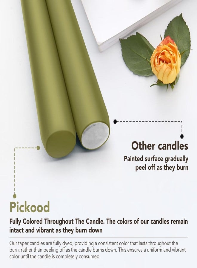 Pickood New Burning Formula Unscented Dripless 10-Inch Taper Candles Set of 12 - Olive Green, for Wedding, Dinner - Smokeless, Long Burning - Hand Poured, Colored Tall Candlesticks - Verde Oliva - Image 3