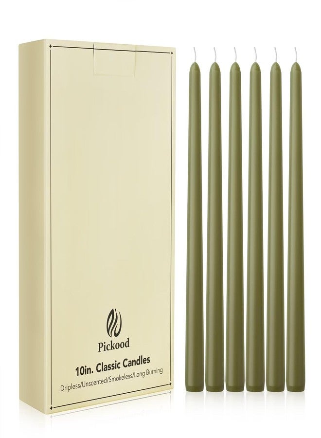 Pickood New Burning Formula Unscented Dripless 10-Inch Taper Candles Set of 12 - Olive Green, for Wedding, Dinner - Smokeless, Long Burning - Hand Poured, Colored Tall Candlesticks - Verde Oliva - Image 1