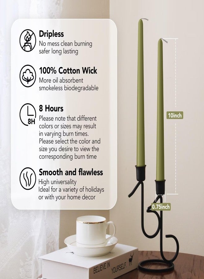 Pickood New Burning Formula Unscented Dripless 10-Inch Taper Candles Set of 12 - Olive Green, for Wedding, Dinner - Smokeless, Long Burning - Hand Poured, Colored Tall Candlesticks - Verde Oliva - Image 2
