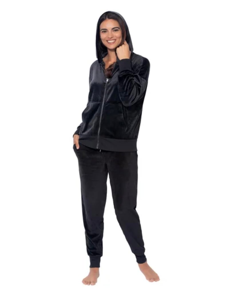 Felina Women's 2 Piece Velour Track Suit, Hoodie and Jogger Lounge Set (US, Alpha, Medium, Regular, Regular, Black) - Image 2