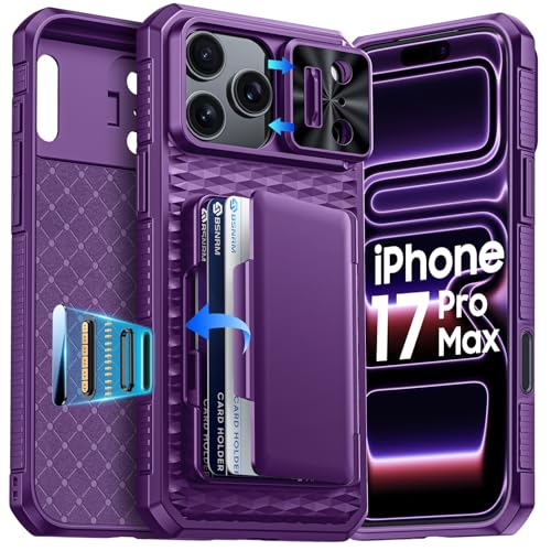 BSNRM for iPhone 17 Pro Max Case Wallet, Built-in RFID Blocking Card Holder (4-5 Cards), Camera Control Button, Slide Camera Cover, Shockproof Rugged Silicone Phone Case for iPhone 17 Pro Max, Purple - Image 1