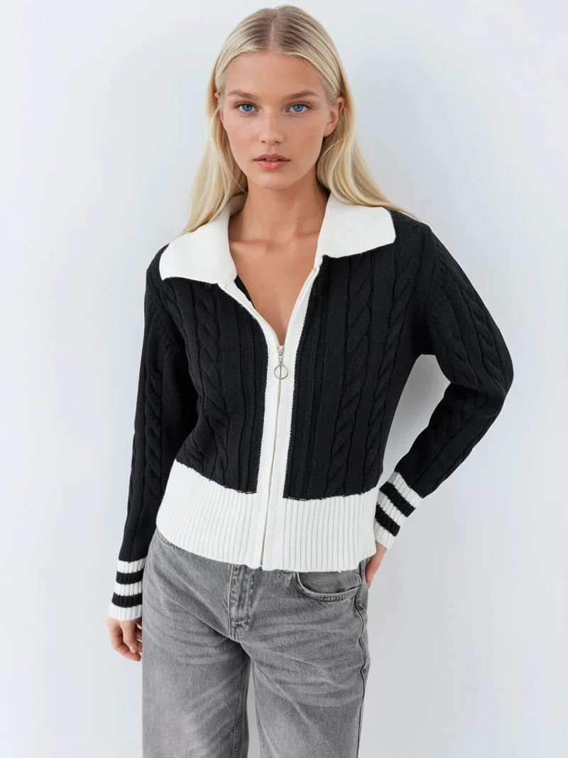 MY FASHION Polo Neck Zippered Cardigan