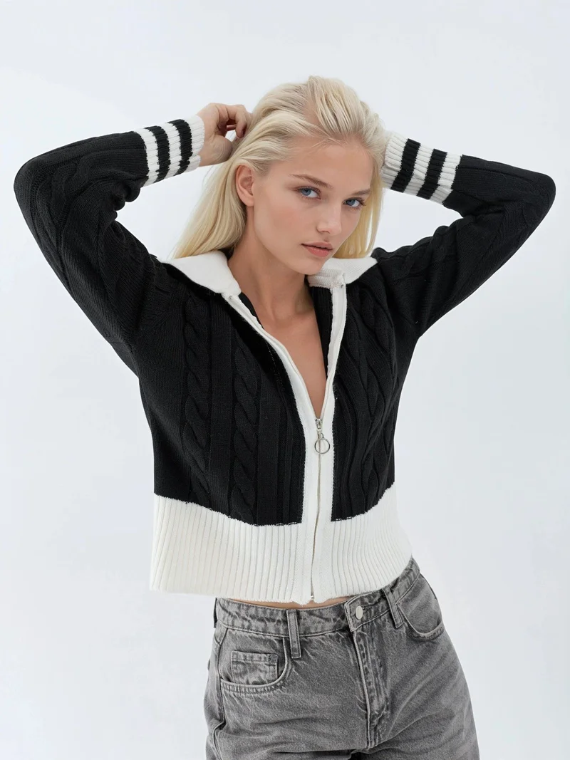 MY FASHION MY FASHION Polo Neck Zippered Cardigan
