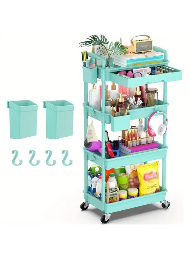 Blue 4 Tier Rolling Utility Cart With Lockable Wheels Plastic Shelves Multifunctional Storage Organizer - Image 1