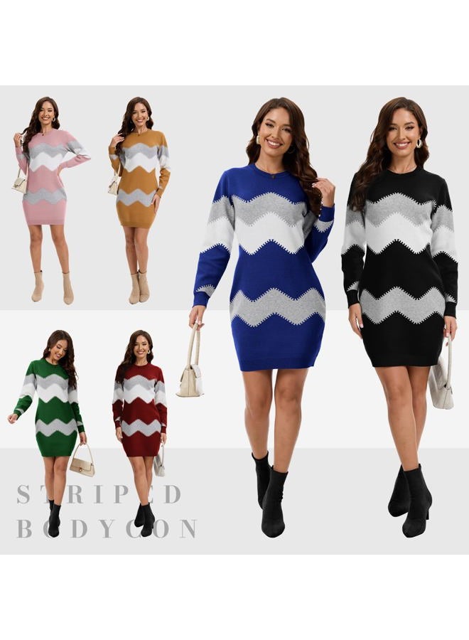 PEHMEA Women's Knitted Striped Bodycon Mini Sweater Dress Long Sleeve Crew Neck Fall Winter, Black, M - Image 5