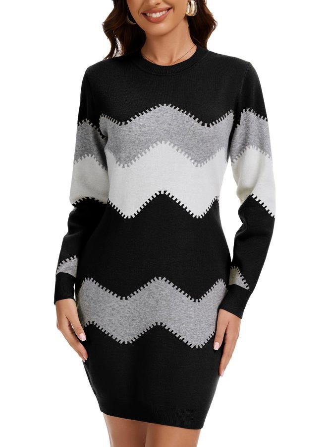PEHMEA Women's Knitted Striped Bodycon Mini Sweater Dress Long Sleeve Crew Neck Fall Winter, Black, M - Image 1
