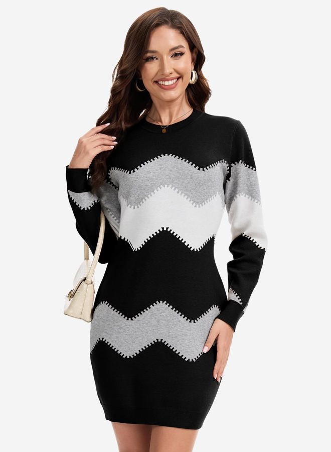PEHMEA Women's Knitted Striped Bodycon Mini Sweater Dress Long Sleeve Crew Neck Fall Winter, Black, M - Image 2