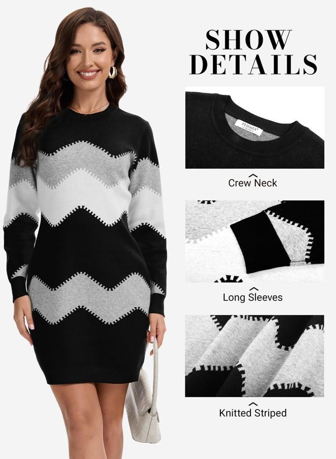 PEHMEA Women's Knitted Striped Bodycon Mini Sweater Dress Long Sleeve Crew Neck Fall Winter, Black, M - Image 4