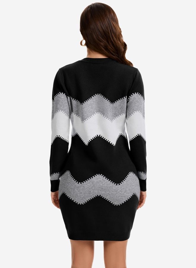 PEHMEA Women's Knitted Striped Bodycon Mini Sweater Dress Long Sleeve Crew Neck Fall Winter, Black, M - Image 3
