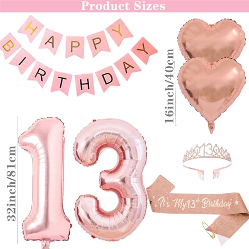 DUFACAI 13th Birthday Party Decorations Hello Thirteen Party Balloons 13th Birthday Tiara Sash Happy Birthday Banner for 13 Year Old Girls Birthday Party Favor Supplies - Image 5