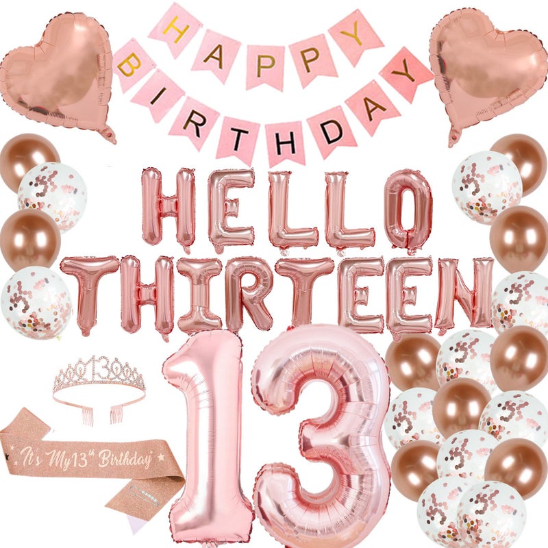 DUFACAI 13th Birthday Party Decorations Hello Thirteen Party Balloons 13th Birthday Tiara Sash Happy Birthday Banner for 13 Year Old Girls Birthday Party Favor Supplies - Image 3