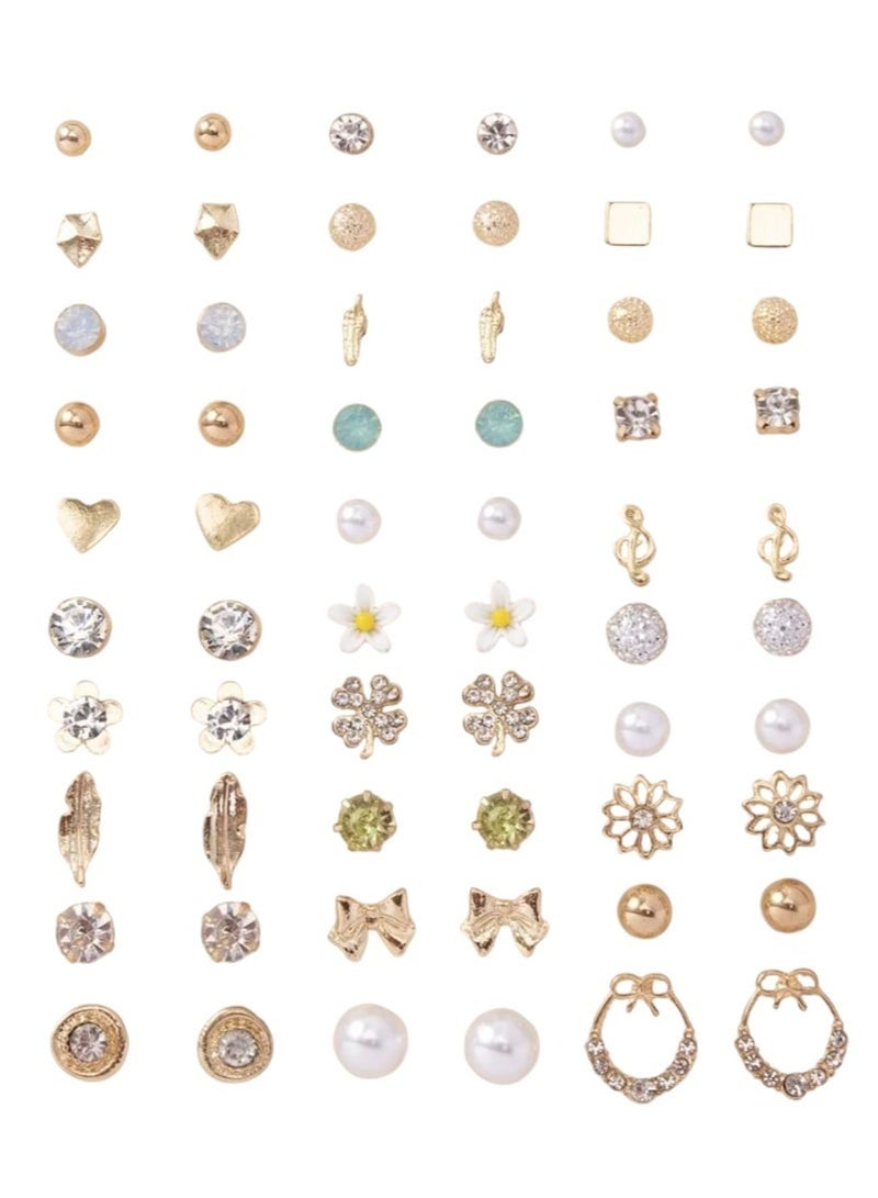 Bukela Large Set of Earrings with Different Designs, Heart and Flower Studs, 60 Pieces - Image 1