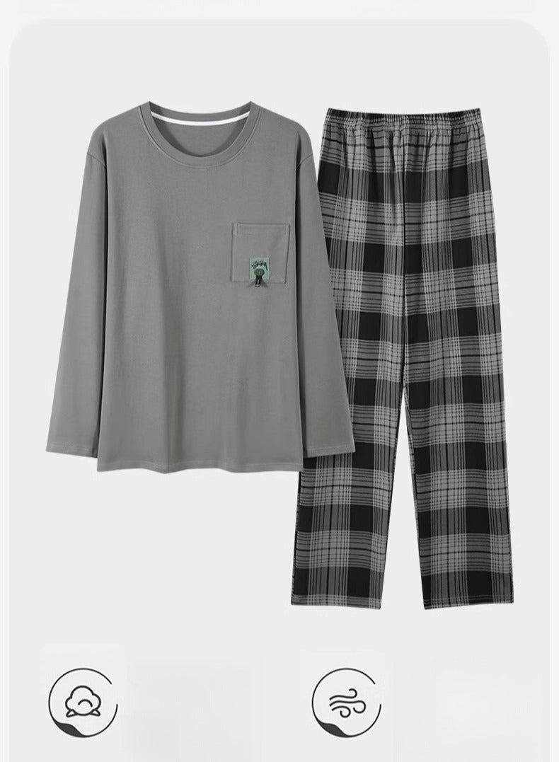 MIIOW بيجامات تنفس - بيجامات رجالية مصنوعة من القطن الخالص، فضفاضة ومريحة، طقم ملابس منزلية كاجوال بأكمام طويلة - Image 5