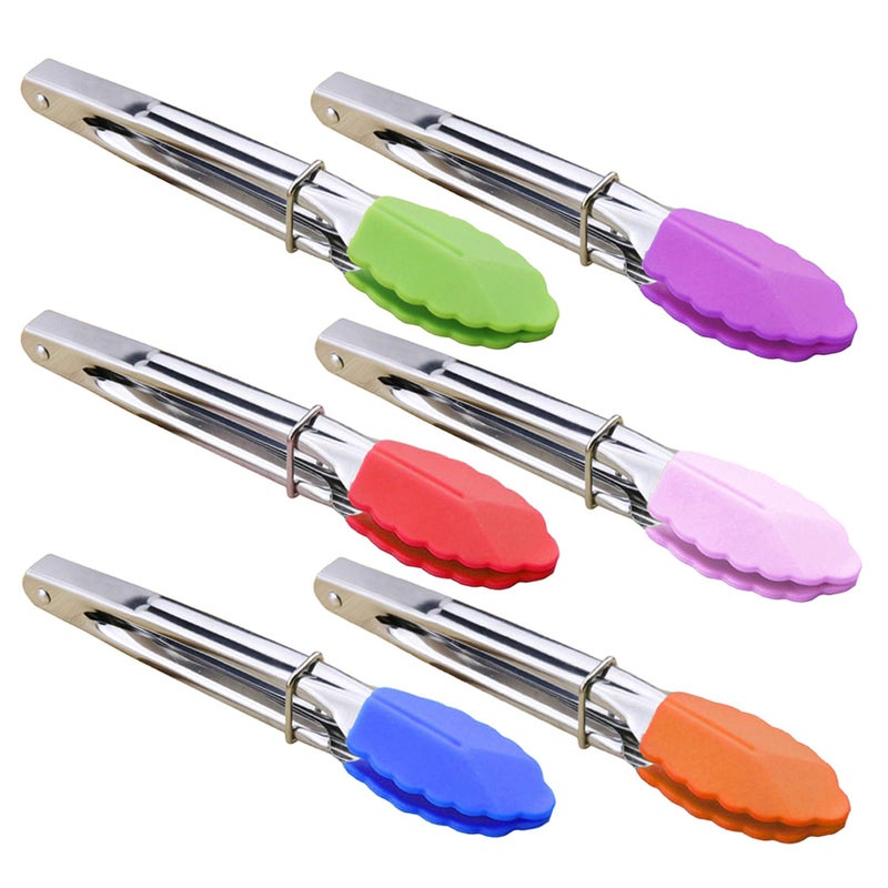 HINMAY Small Tongs with Silicone Tips 7Inch Mini Serving Tongs Set of 6 Green Red Blue Purple Pink Orange