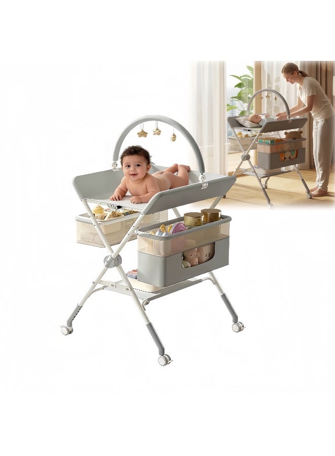 LBMT Foldable Baby Diaper Changing Table,Waterproof Versatile Babies Clothing Changing Table with Storage Rack,Pillow,Small basin,Urine pad,4-Level Adjustable Height & Large Mobile Nursery Organizer Storage for Newborn Infant (Grey) - Image 1
