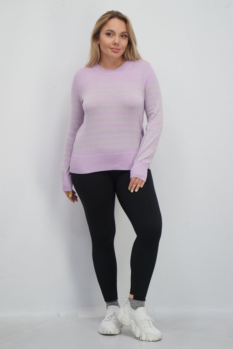 ESPRIT سويت شيرت نسائي بأكمام طويلة وياقة دائرية، مخطط، بنفسجي - Image 2