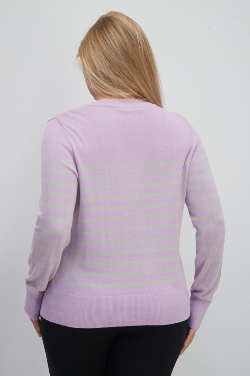 ESPRIT سويت شيرت نسائي بأكمام طويلة وياقة دائرية، مخطط، بنفسجي - Image 3