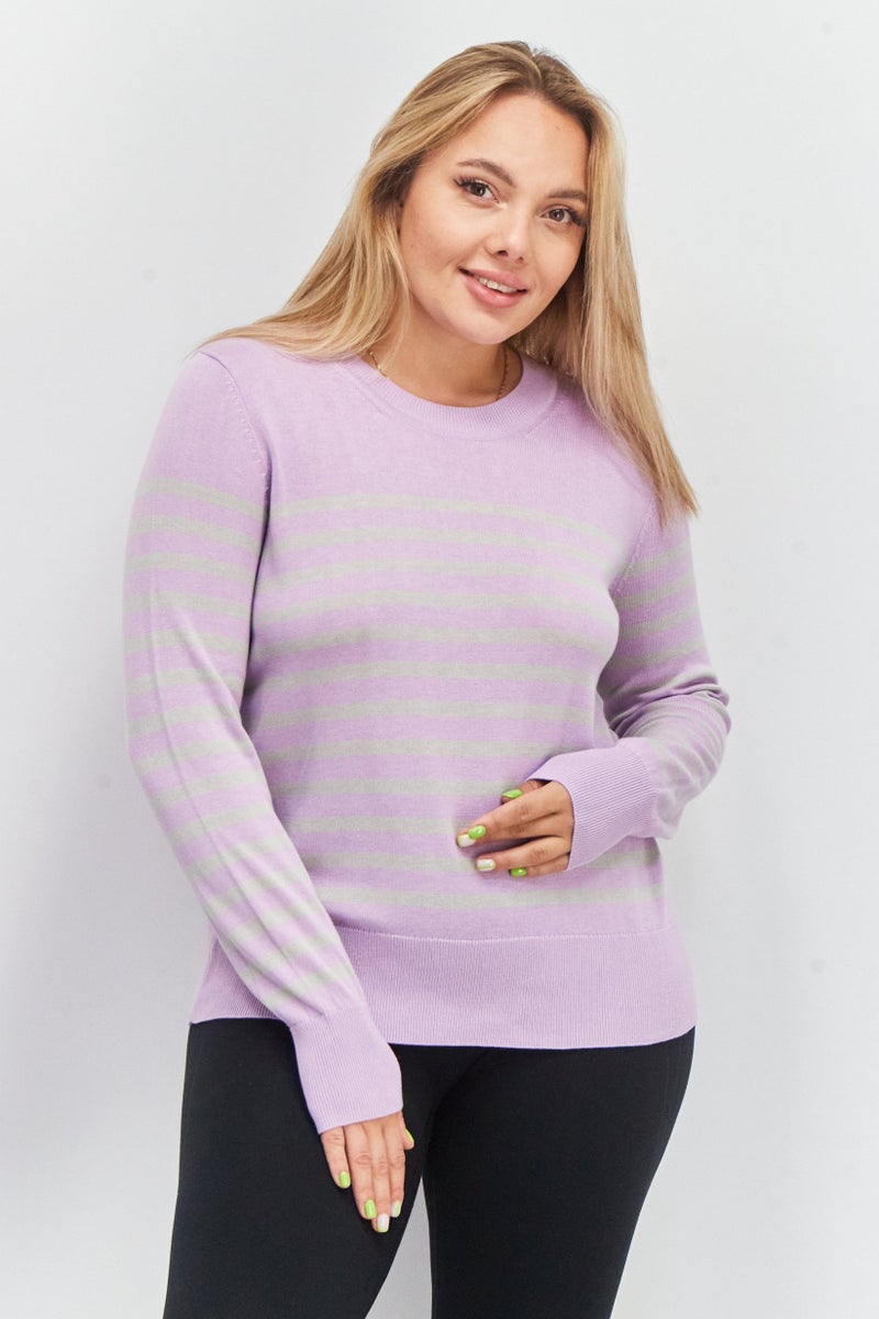 ESPRIT سويت شيرت نسائي بأكمام طويلة وياقة دائرية، مخطط، بنفسجي - Image 1