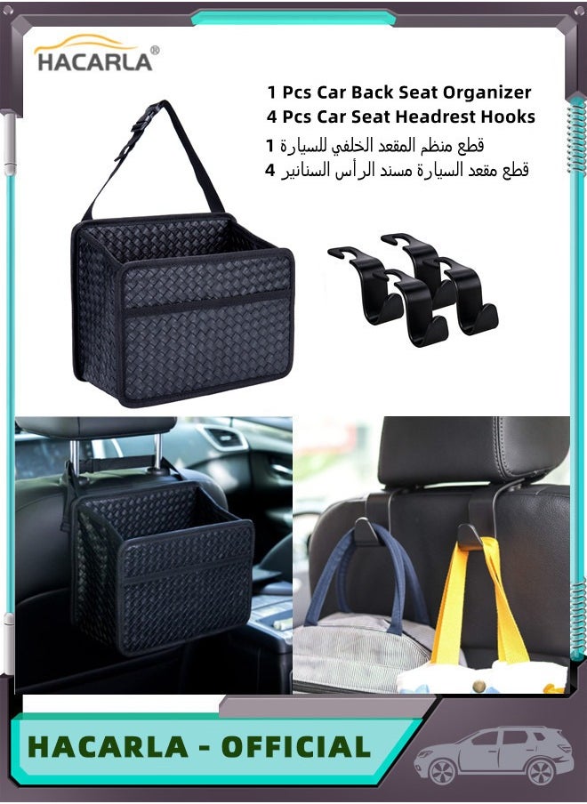 HACARLA 1 Pcs Car Back Seat Storage Organizer Leather Handbag Holder And 4 Pcs Car Seat Headrest Hooks Hangers Storage Organizer for Purse Coats Umbrellas Grocery Bags Interior Accessories  - Image 1