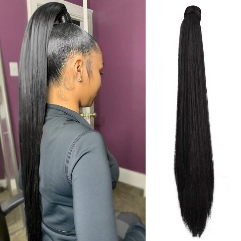 SEIKEA 32 Inch Clip in Ponytail Extension Wrap Around Long Straight Pony Tail Hair Synthetic Hairpiece for Women  Black
