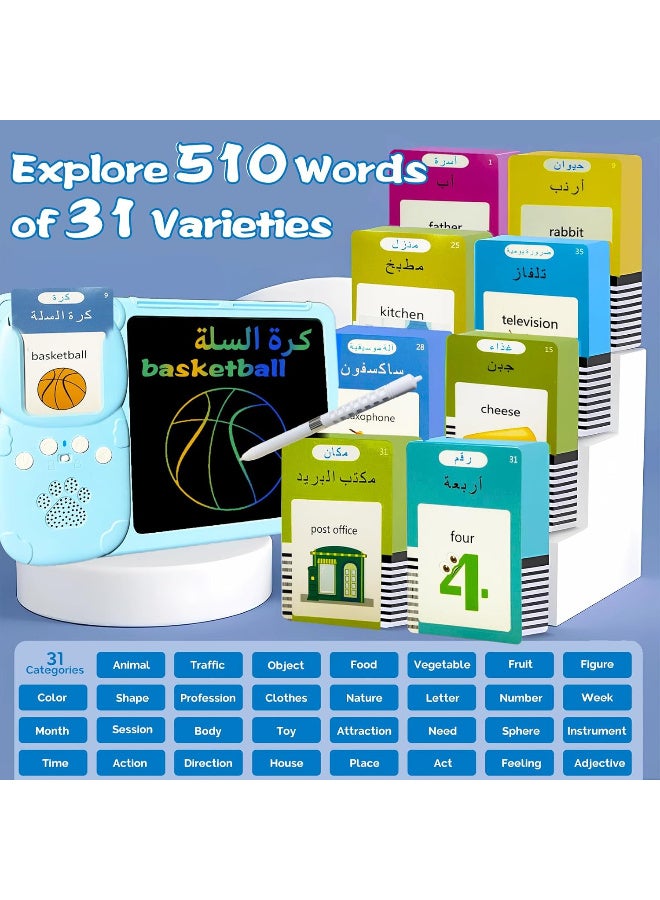TFiOXL Bilingual English Arabic Flash Cards with 8 Inch LCD Writing Tablet for Kids 3-12, 510 Sight Words Toddler Speech Pocket Drawing Sketch Pad Blue for Educational and Everyday Use - Image 4