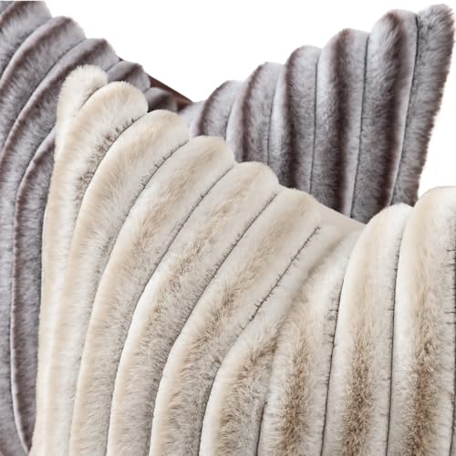 decorUhome Cozy Faux Fur Throw Pillow Covers 18x18 Set of 2 Decorative Soft Plush Striped Modern Farmhouse Boho Couch Pillow Cases with Velvet Back for Sofa Bed Living Room Brown White - Image 3