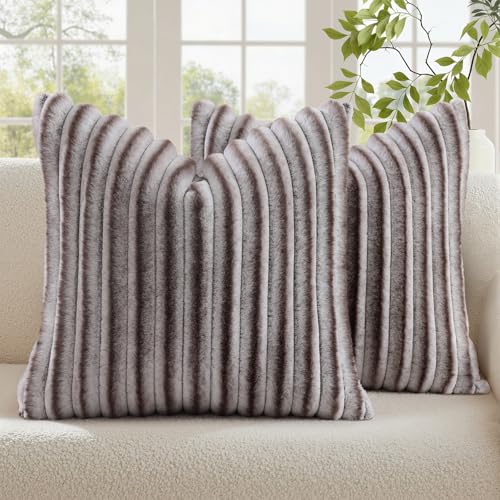 decorUhome Cozy Faux Fur Throw Pillow Covers 18x18 Set of 2 Decorative Soft Plush Striped Modern Farmhouse Boho Couch Pillow Cases with Velvet Back for Sofa Bed Living Room Brown White - Image 1