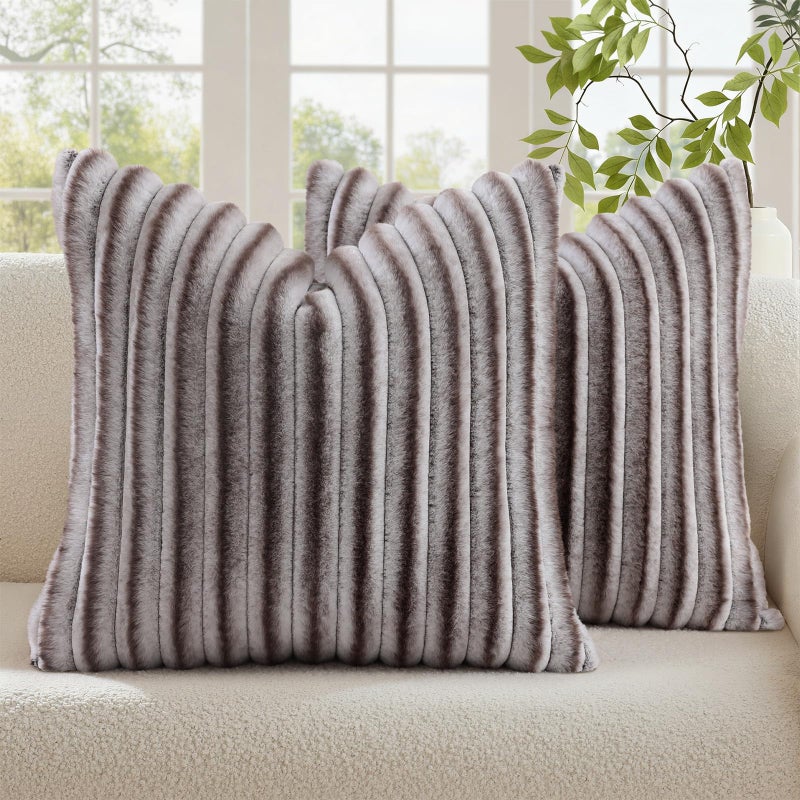decorUhome Cozy Faux Fur Throw Pillow Covers 18x18 Set of 2 Decorative Soft Plush Striped Modern Farmhouse Boho Couch Pillow Cases with Velvet Back for Sofa Bed Living Room Brown White - Image 2