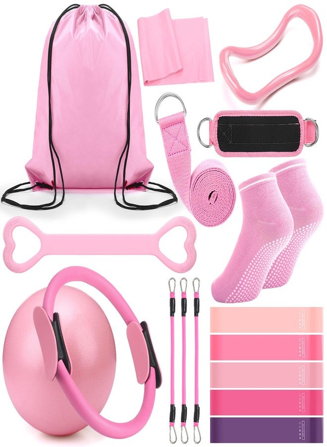 RoundFunny Pilates Ring Circle Set 18 Pcs Exercise Equipment Accessories for Women Workouts Pilates Ball Stretching Strap Magic Circle Yoga Ring Gym Back Bag Resistance Band Anti Slip Socks(Pink) - Image 1